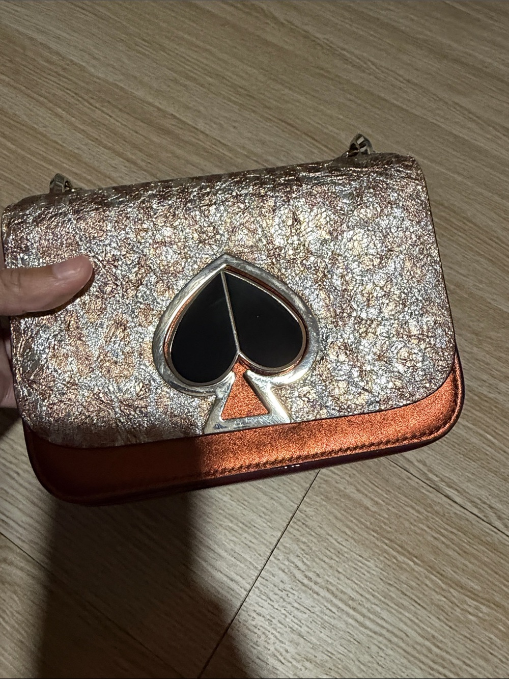 Kate Spade Metallic Runway/Collectible Silver, Rose Gold Heart-Accent Crossbody - Picture 9 of 15